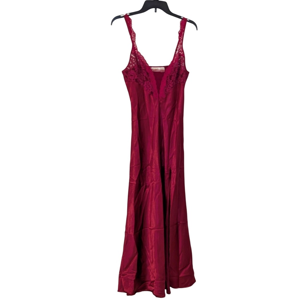 Vintage Victorias Secret Gold Label Satin‎ Lace Maxi Nightgown Wine Red Medium